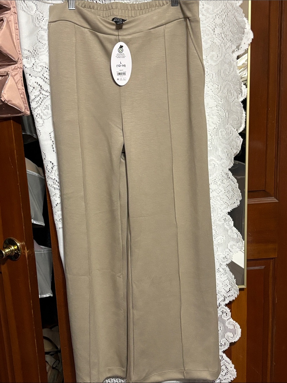 Beige Wide-Leg Knit Pants - Women